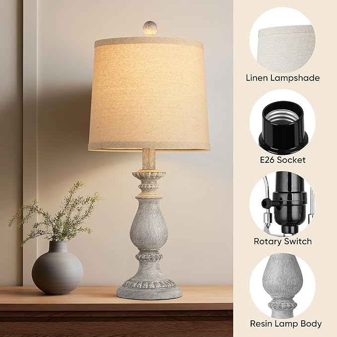 QiMH Farmhouse Table Lamp Set of 2, Rustic Table Lamps for Living Room, Vintage Nightstand Lamp with Rotary Switch, Beside Lamps for Bedroom, Traditional Table Lamps with Linen Shade, Antique Grey