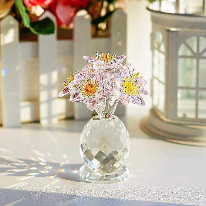 Pink Crystal Flower Ornament with Base Flower Figurine Collections Glass Flowers Bouquet Gift for Women Crystal Christmas Decoration for Home