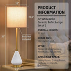 32" White Buffet Lamps Set of 2 for Living Room, Ceramic Buffet Table Lamps for Dining Room, Tall Skinny White Gold Lamps Set of 2, Modern Candlestick Lamps for Credenza, Sideboard, Hallway