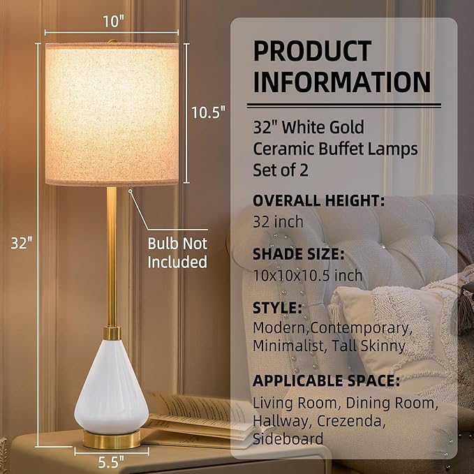 32" White Buffet Lamps Set of 2 for Living Room, Ceramic Buffet Table Lamps for Dining Room, Tall Skinny White Gold Lamps Set of 2, Modern Candlestick Lamps for Credenza, Sideboard, Hallway