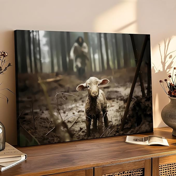 Framed Jesus Christ Wall Art Canvas Jesus and Lamb of God Christian Painting Prints Biblical Wall Decor Religious Room Decor for Church Prayer Room Christian Schools Hospitals 12" x 16"