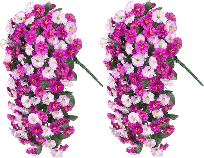 Artificial Fake Fall Hanging Mums Flowers Plants for Outdoor Outside, 2 PCS Faux Silk Morning Glory Trailing Vines Look Real UV Resistant for Porch Planter Patio Decor (Light Fuchsia and Fuchsia)