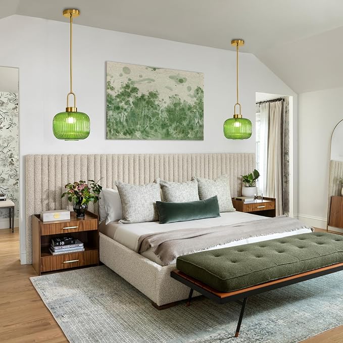 Modern Green Glass Pendant Light Fixtures, Mid Century Pendant Lights for Kitchen Island, 9.8" Gold Adjustable Height Ceiling Hanging Light Fixtures for Dining Room Entryway Bedroom Foyer Hallway