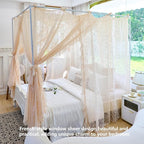 AIKASY Elegant Lace Princess 4-Poster Bed Canopy Mosquito Net - Romantic Wedding Bridal Bedroom Decor, Kids Room Bed Curtain for Women Adults - (Cream-1,Queen)