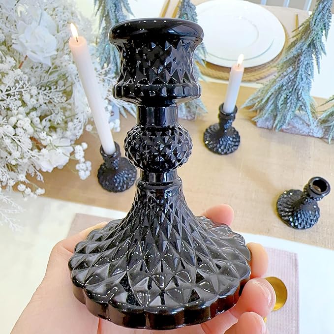 Glass Candlestick Holder,Striped Taper Candle Holders,Set of 6 Candle Stand for Table Centerpieces, Home Decor,Weddings,Festival and Parties (Black Diamond)