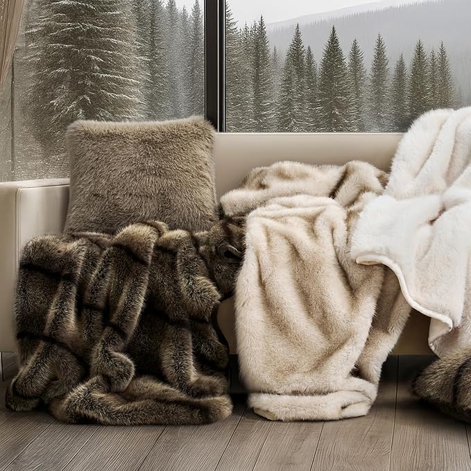 Luxury Faux Fur Throw Blanket, Soft Fluffy Faux Mink Blankets for Bed, Couch, Sofa, Thick Cozy Plush Warm Fur Throws with Reversible Velvet, Tipped Golden Fox, 50"x60"