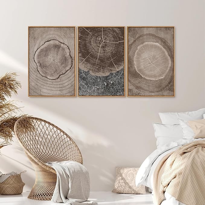 SIGNINART Beige Tree Ring Framed Canvas Wall Art Set, Abstract Black and White Rustic Wood Wall Decor, Neutral Wood Stump Artwork, Modern Art Prints for Bedroom Living Room Office 16"x24"x3
