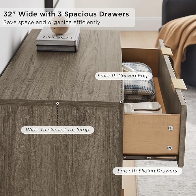 T4TREAM Fluted 3 Drawer Dresser, 32" Tall Modern Chest of Drawers, Curved Profile Design, Wood Drawer Organizer for Bedroom, Living Room, Hallway, Entryway, Grey Alder