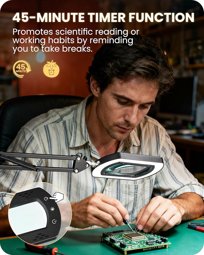 10X Round Magnifying Glass with Light and Stand, 2-in-1 LED Lighted Desk Lamp & Clamp, 5 Color Modes Stepless Dimmable, Hands-Free Magnifier Desk Lamp for Reading Craft Close Work B02DL05