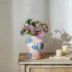 Pink Blue and White Vase, 8 Inch Vintage Chinoiserie Ceramic Vase, Rustic Flower Vases Decorative Antique Vases for Home Decor, Retro Ice Cracked Porcelain Farmhouse Table Centerpieces Decor