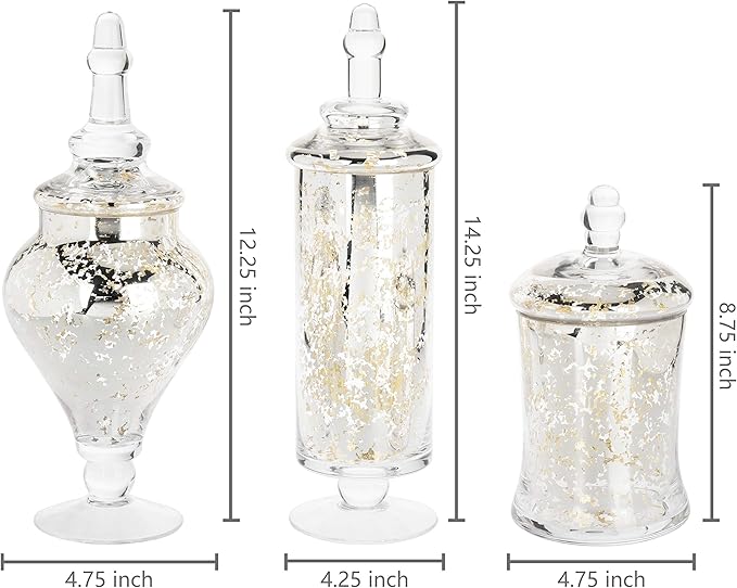 MyGift Set of 3 Silver Mercury Glass Apothecary Jars, Weddings Centerpiece Candy Buffet