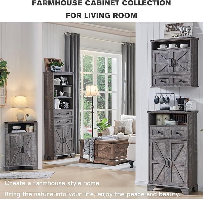 Corner Bathroom Cabinet, Farmhouse Small Corner Cabinet with Barn Door & Adjustable Shelf, Storage Cabinets for Bathroom, Kitchen, Living Room, Grey Wash