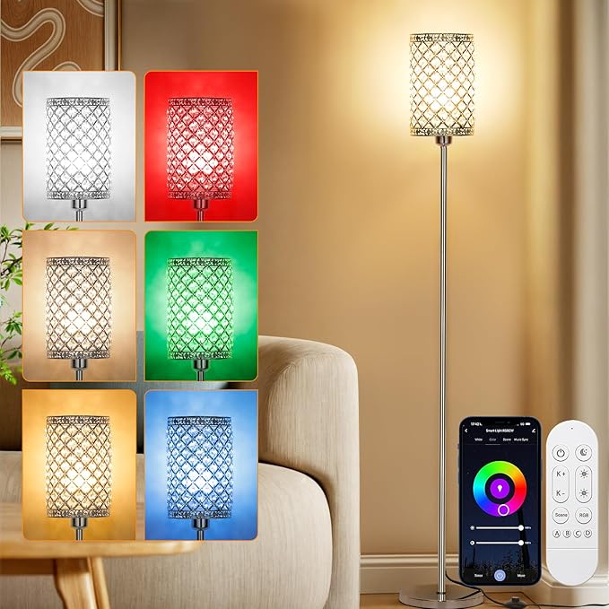 Crystal Floor Lamp,LED Modern Tall Light Standing Lamp, RGB LED Floor Lamp with On/Off Foot Switch Silver Tall Pole Lighting for Bedroom Remoter &APP Control Stepless Dimmable (E26 Base)