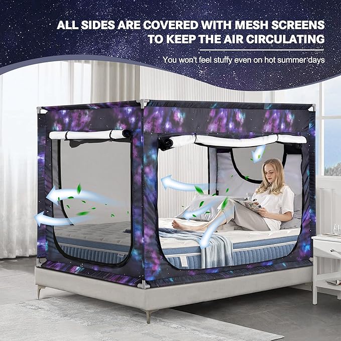 Bed Canopy Portable Blackout Bed Tent Privacy Tent for Adult Indoor Sleeping with 3 Doors, Storage Bag