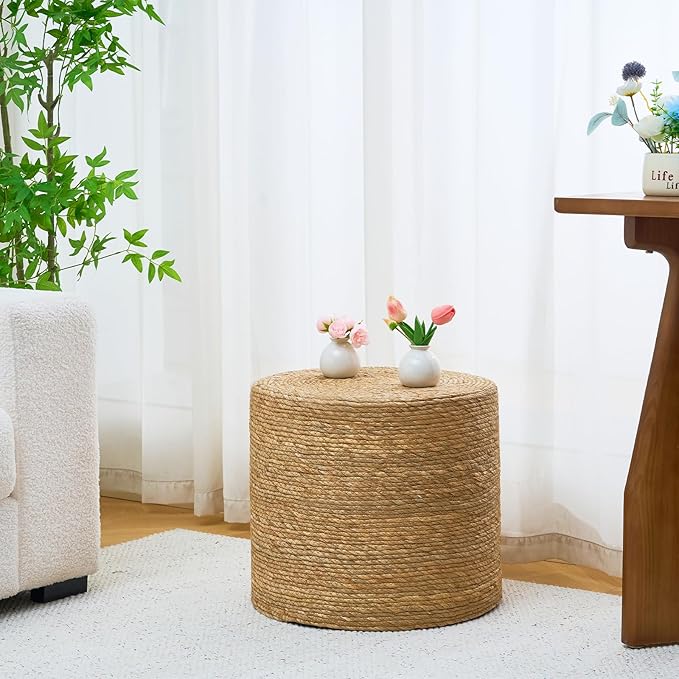 Wimarsbon 18'' Ottoman Pouf, Natural Braided Poof, Rustic Handweave Lounge Pouffe, Boho Footrest Stool for Bedroom, Accent Table for Living Room (18inch Natural Cattail)