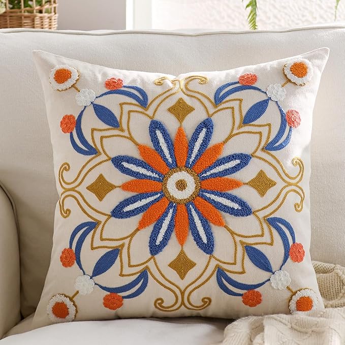 Embroidered Throw Pillow Cover 20x20 Classic Boho Floral Pattern Pillows Cover Outdoor Decorative Pillowcase,Durable Cozy Textured Cushion Case for Sofa Couch Bed Living Room,Orange Blue