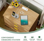 Fluted Nightstand with Charging Station, 24" Wide Bedside Table with 3 Large Storage Drawers, Modern Wood Side Table Night Stand, End Table Small Dresser for Bedroom, Living Room, Dorm, Natural Oak