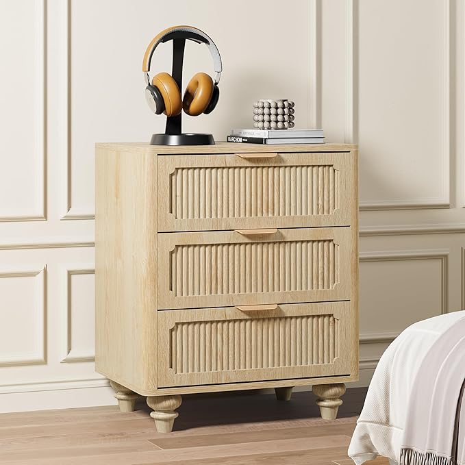 3 Drawer Dresser for Bedroom, Mid Century Modern Closet Dressers Chest of Drawers, Fluted Wood Wide Nightstand Storage Dresser with Drawers for Living Room, Dressing Room, Entryway, Hallway, Natural