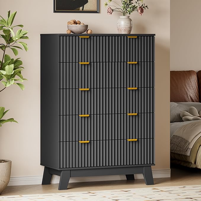 46" Tall Dresser for Bedroom, 6-Drawer Fluted Chest of Drawers, Modern Wood Highboy with Deep Storage, Metal Slides and Handles, Anti-Tip Kit, Vertical Clothes Organizer for Apartment, Nursery