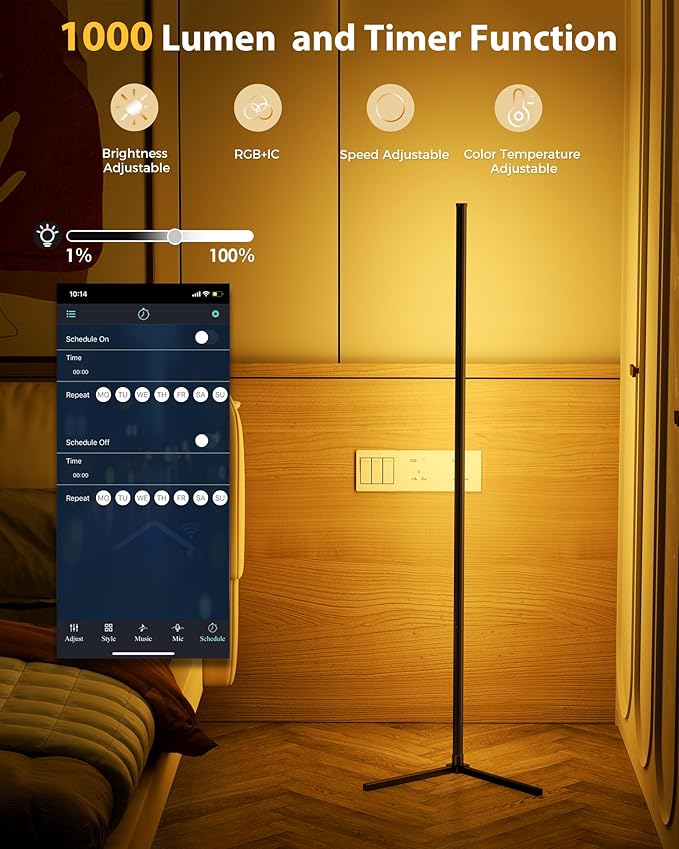 LED Corner Lamp, 65" RGB Corner Floor Lamp with 16 Million DIY Colors, 216 Dynamic Light Effects and Music Sync - App and Remote Control LED Lamp for Bedroom, Living Room, Gaming Room