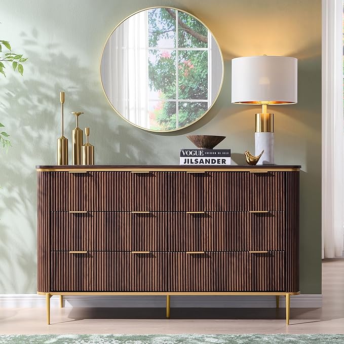 T4TREAM 6-Drawer Dresser Fluted Design, with Gold Accents (Dark Walnut)