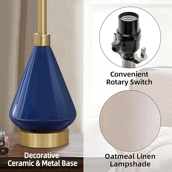 32" Blue Gold Buffet Table Lamps for Living Room Set of 2, Ceramic Buffet Lamps Set of 2 for Console Table, Tall Navy Blue Lamps Set 2, Contemporary Candlestick Lamps for Hallway, Credenza, Bedroom