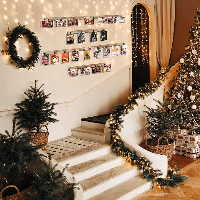 6 Wooden Wall Hanging Photo Frames With 27 Clips, Decorative Collage Picture Frame, No Drilling Required, Adhesive Stickers, Easy to Install, Carbonized Brown