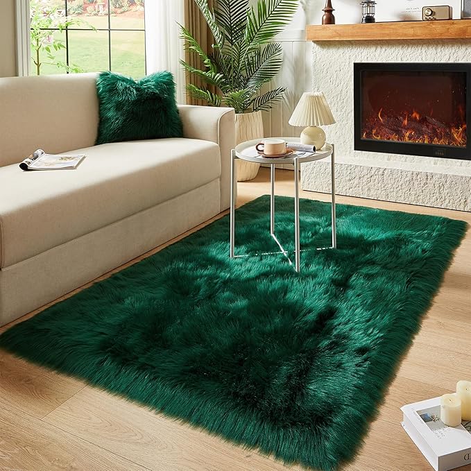 AMTOVO Faux Fur Sheepskin Rug for Living Room, 4 x 6 ft Dark Green Fluffy Area Rug for Bedroom, Playroom, Luxury Room Decor, Rectangle