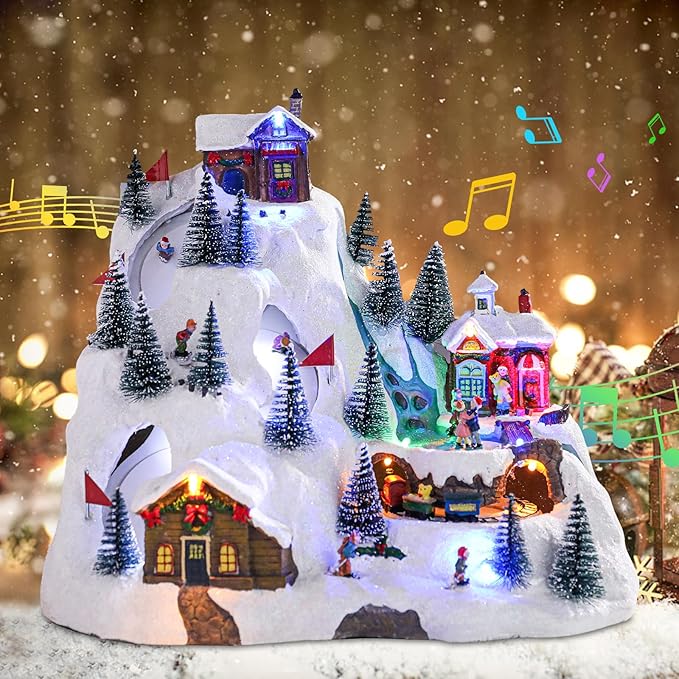VCUTEKA Christmas Village Collectible Building, Snowy Mountain with Ski Slopes and Revolving Train Lighted Musical Village Addition to Your Christmas Indoor Decor