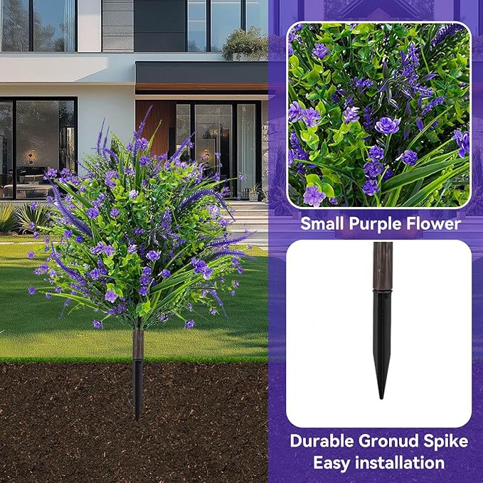 Artificial Boxwood Topiary Ball Trees with Ground Spikes UV Resistant Faux Greenery Shrubs Fake Shrubs for Outdoors, Realistic Faux Plants Bushes for Garden Porch Yard Patio Decor (Purple Flower)