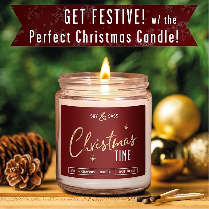 Christmas Candles Scented - 'Christmas Time' Soy Christmas Candle, w/Apple, Cinnamon, Clove - Infused with Essential Oils I Holiday Candles I 9oz, 50Hr, Made in USA