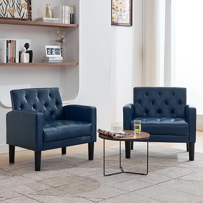 TYBOATLE Accent Chairs Set of 2 Comfy Living Room Chair Leather Tufted Mid Century Modern Accent Chair, Small Cozy Reading Arm Chair for Office, Bedroom (2, Blue)