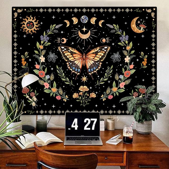 Lunerfex Boho Butterfly Tapestry Flower Moon Wall Tapestry, Moon Phases Tapestries for Bedroom Cute Tapestries Wall Hanging for Bedroom Living Room Decor Butterfly-1 60"x80"