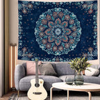 Fowocu Boho Floral Mandala Tapestry Wall Hanging Blue Bohemian Flower Medallion Tapestry Aesthetic Vintage Navy Hippie Indian Small Tapestries for Bedroom Living Room Dorm Decor 60 x 44 Inch