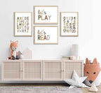 4 Pcs Boho Playroom Canvas Wall Art Nursery Toddler Educational Let's Read Let's Play Painting Pictures Wall Decor Posters Print Artwork for Girl Boy Childs Room Classroom Home Decoration Unframed