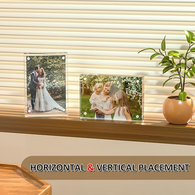 Acrylic 4x6 Picture Frames 4 Pack, Magnetic Photo Picture Display Frames 6 x 4, Double Sided Frameless Desk Picture Frames for Office, UV Protection