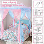 Twin Size Bed Canopy with Lights, Bed Canopy for Girls Princess with Luminous Stars, Canopy Bed Curtains for Twin Bed Kids Indoor Decor Bedroom, 4 Corner Post Bunk Bed for Student Dormitory, Blue&Pink