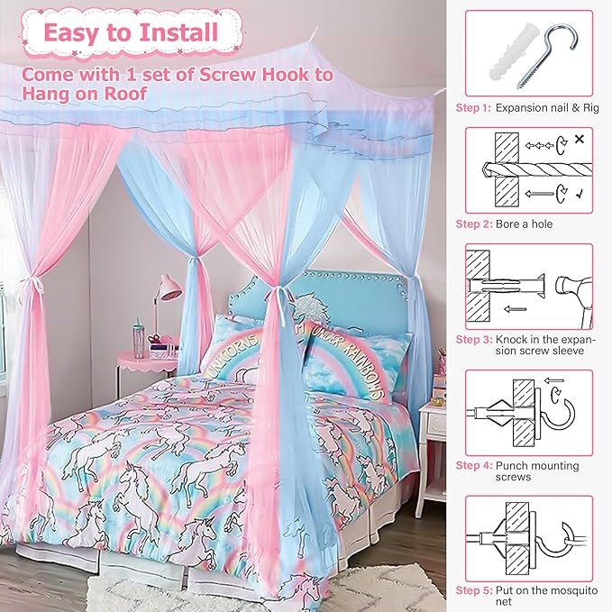 Twin Size Bed Canopy with Lights, Bed Canopy for Girls Princess with Luminous Stars, Canopy Bed Curtains for Twin Bed Kids Indoor Decor Bedroom, 4 Corner Post Bunk Bed for Student Dormitory, Blue&Pink