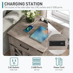 Farmhouse End Table Set of 2, 24" Large Sofa Side Table with Drawer, Large End Table for Living Room, Wooden Nightstand with Charging Station, Square, Greige