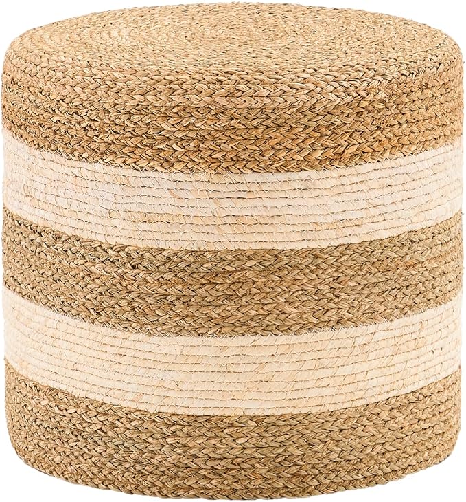 Handwoven Ottoman Pouf, Natural Seagrass Footstool, Round Braided Outdoor Seat with Sturdy Frame, Boho Accent Stool for Patio, Balcony, or Garden (Seagrass White)