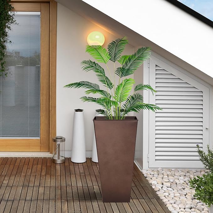 KOL 25''H. Tall Galvanized Steel Planter with Saucer, Set of 2, Planter Pots with Drainage Hole for Indoor & Outdoor Use, Decorative Flower Plant Pots for Front Porch, Patio, Deck - Rust Color