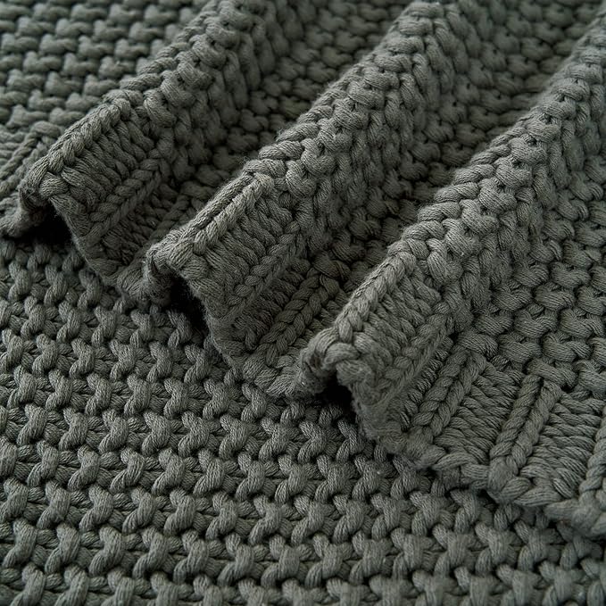 Longhui bedding Chunky Cable Knit Throw Blanket Lightweight Grey 100% Organic Cotton Blanket for Sofa Couch Bed Baby Nursery, Rustic Shabby Chic Modern Farmhouse, Gray 60” x 80” Give Laundering Bag