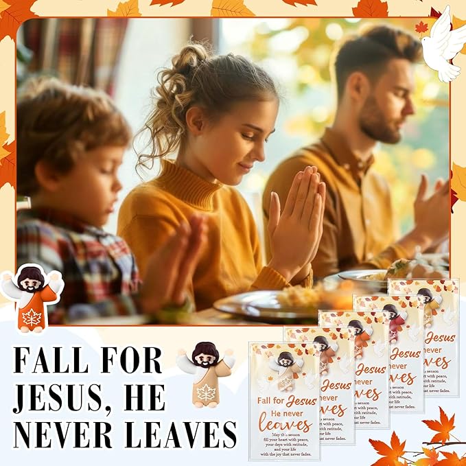 25 Pcs Thanksgiving Fall Jesus Figures Bulk 25 Fall for Jesus He Never Leaves Cards Little Maple Leave Figurines Greeting Cards Mini Pocket Figures for Religious Party Favors Gifts