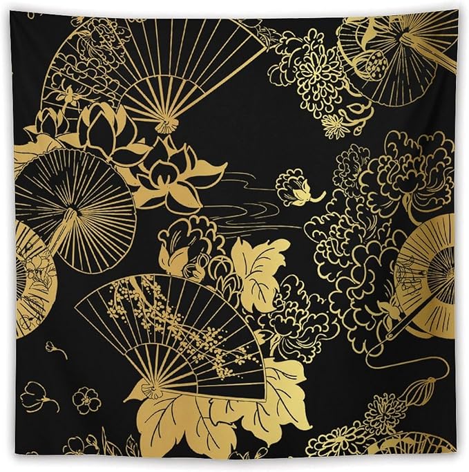 HZOHNAGO Japanese Tapestry Gold Flowers Umbrella Fan Pattern Printed Wall Tapestry Painting Wall Hanging for Bedroom Living Room Dorm 60" W x 60" H