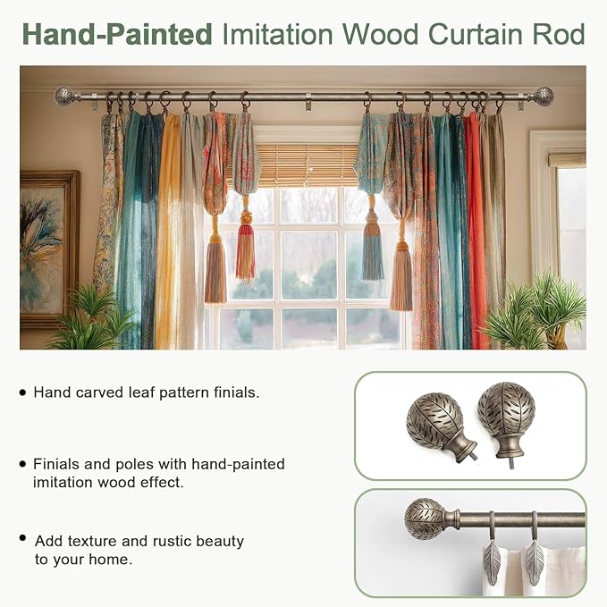 Silver Curtain Rods for Windows 72 to 144 Inch,1'' Diameter Drapery Rods with Leaf Pattern Finials,Boho Adjustable Heavy Duty Curtain Rods Set,36-150'',Retro Silver