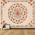 Boho Floral Mandala Tapestry Wall Hanging Watercolor Bohemian Flower Medallion Tapestry Aesthetic Beige Orange Hippie Indian Extra Large Tapestries for Bedroom Living Room Dorm Decor 90 x 68 Inch