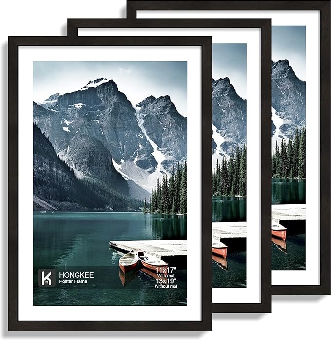 13x19 Picture Frame Set of 3 - Display 11x17 Photo with Mat or 13 x 19 Poster without Mat, Wall Mounting Horizontal and Vertical, Black