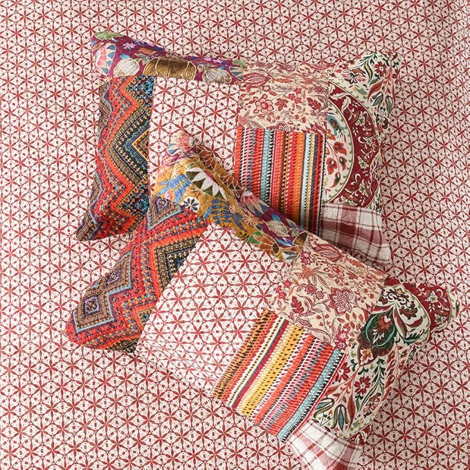 Cotton Bedspread Quilt Sets Reversible Bedding Coverlet Sets 3 Pieces Gorgeous Vintage Damask Red Patchwork Bedspread, Queen Size