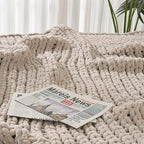 Esterra Chunky Knit Blanket Throw 50"x60", 100% Hand Knitted Chenille Throw Blanket, Cozy Soft Thick Cable Knit Throw Large Rope Knot Crochet Throw Blanket for Sofa Couch Bed, Linen Beige
