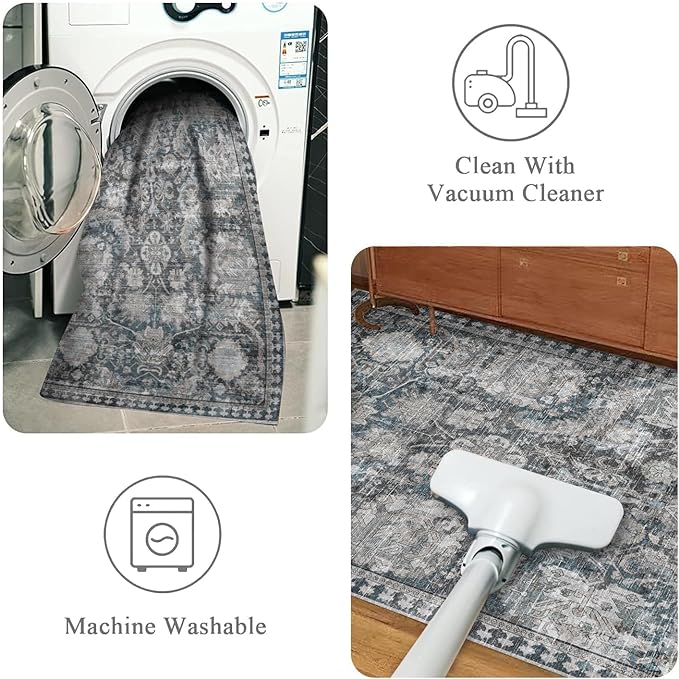 RUGSURE Washable Area Rugs - Perfect for Living Room, Bedroom, Kids Room, Nursery - Stain & Water Resistant Non-Slip, Pet & Child Friendly, Vintage Tribal Area Rugs (Grey and Bule, 9' x 12')